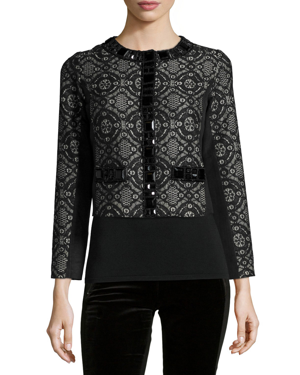 Dressy Cropped Jacket W/ Stone Trim, Petite