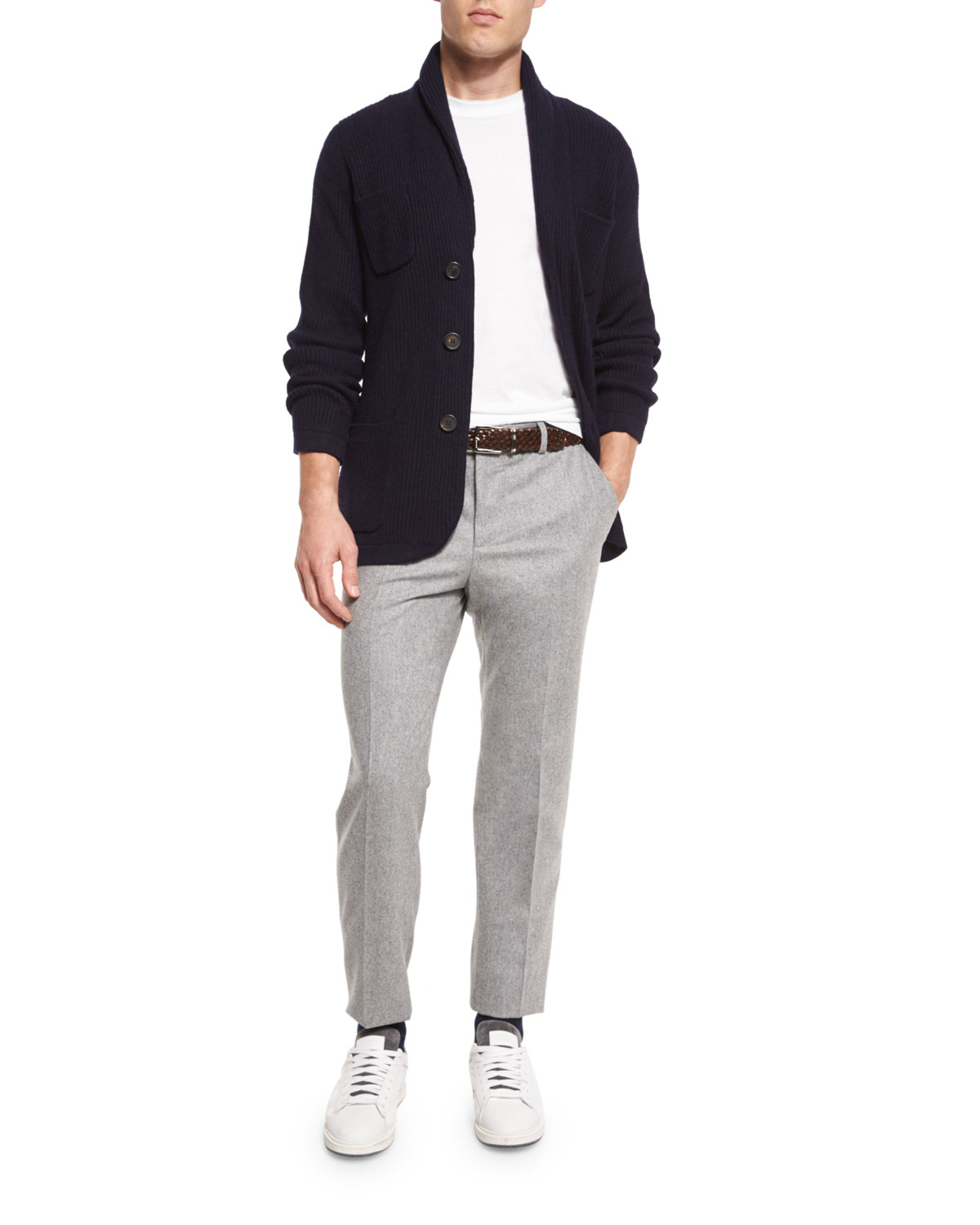 Ribbed Cashmere Blazer-Style Cardigan, Navy