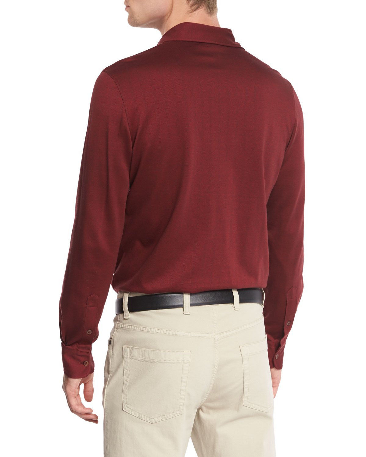 Herringbone Long-Sleeve Polo Shirt, Red