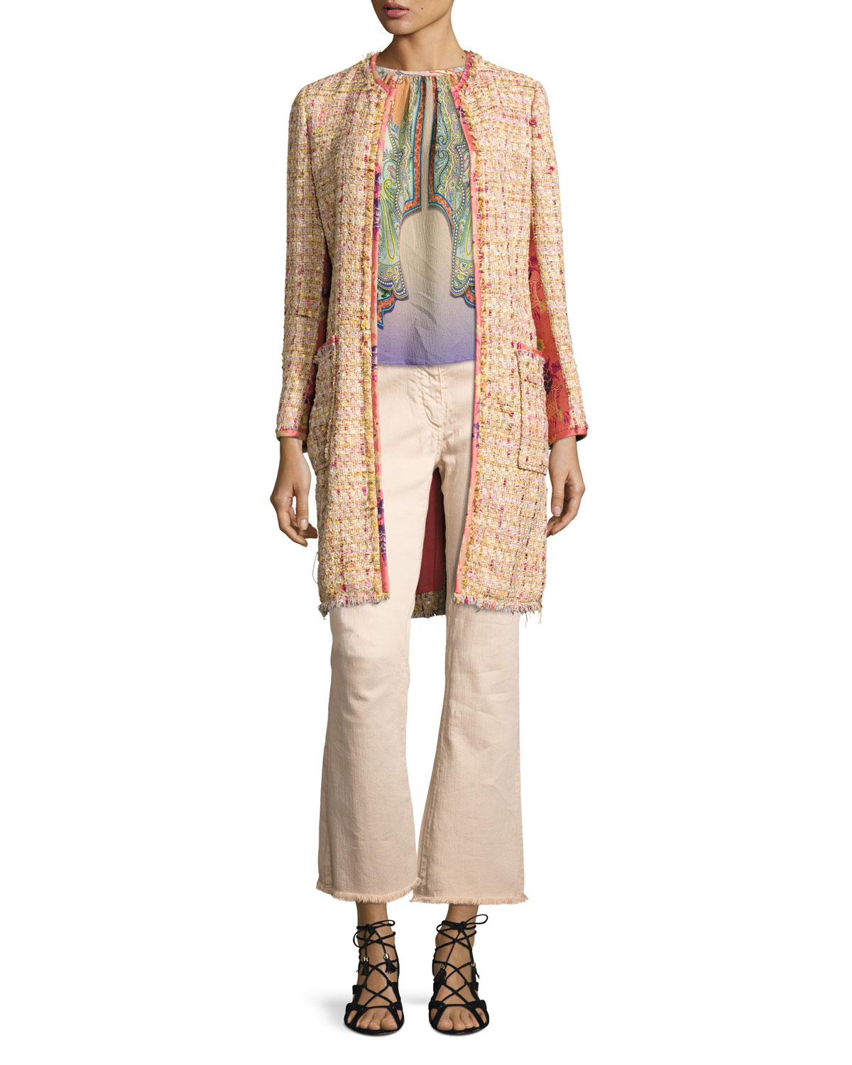 Brocade-Panel Tweed Coat, Peach