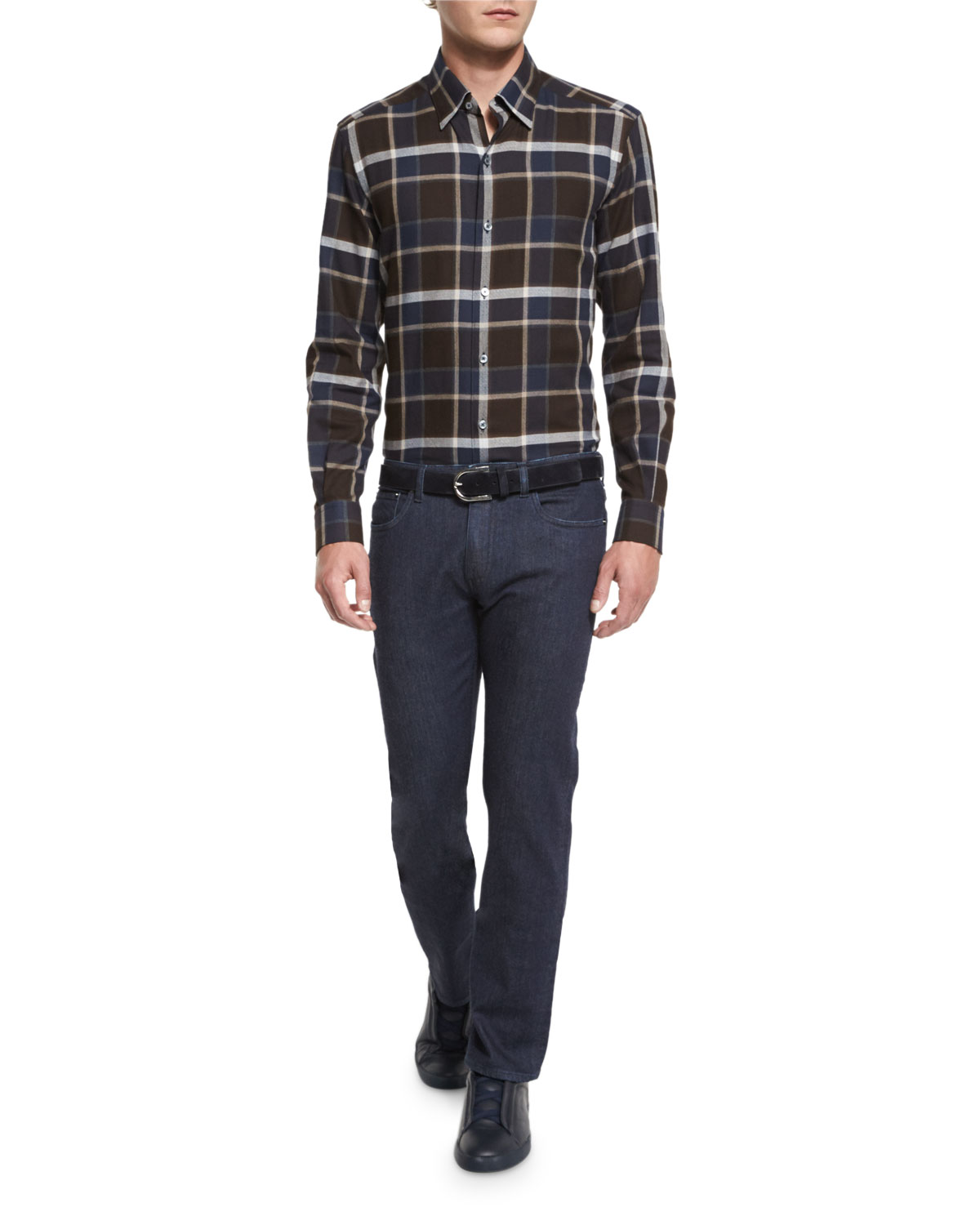 Large-Plaid Long-Sleeve Sport Shirt, Brown Pattern