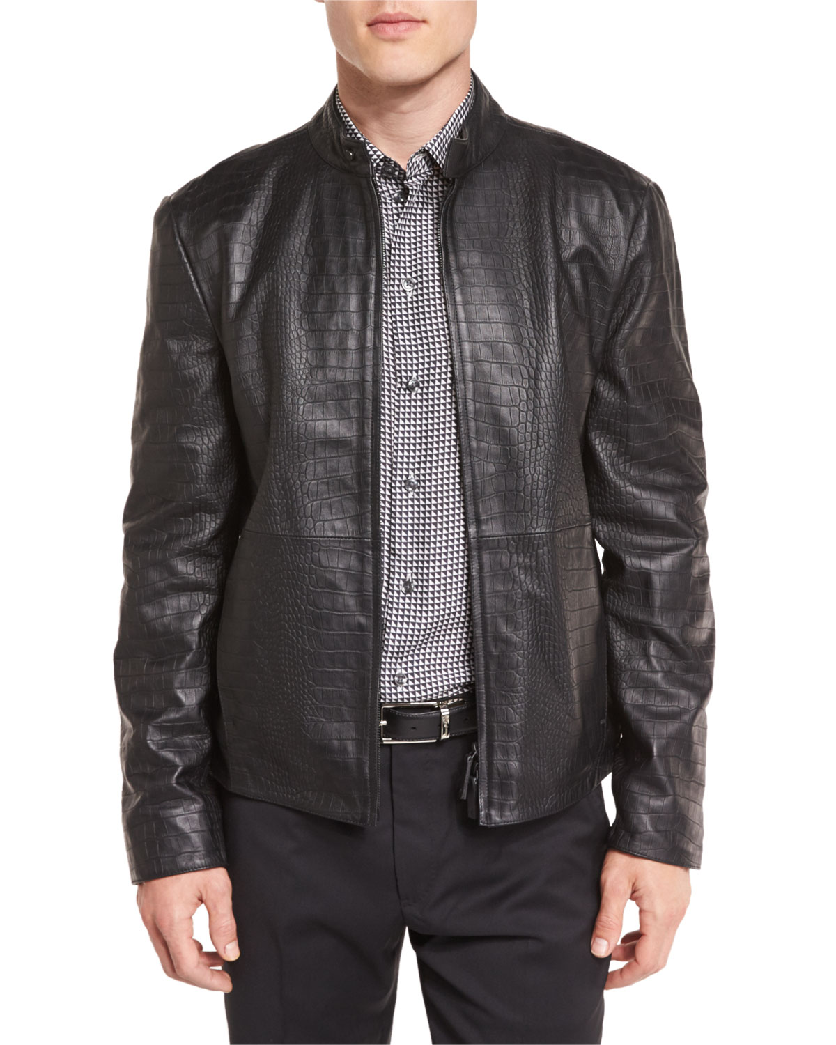 Crocodile-Embossed Leather Bomber Jacket, Black