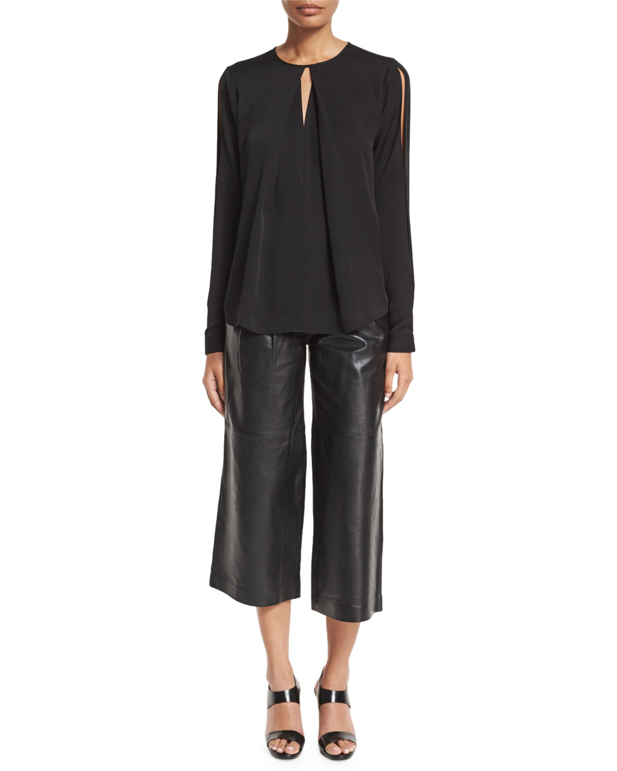 Pleated Leather Culottes, Black
