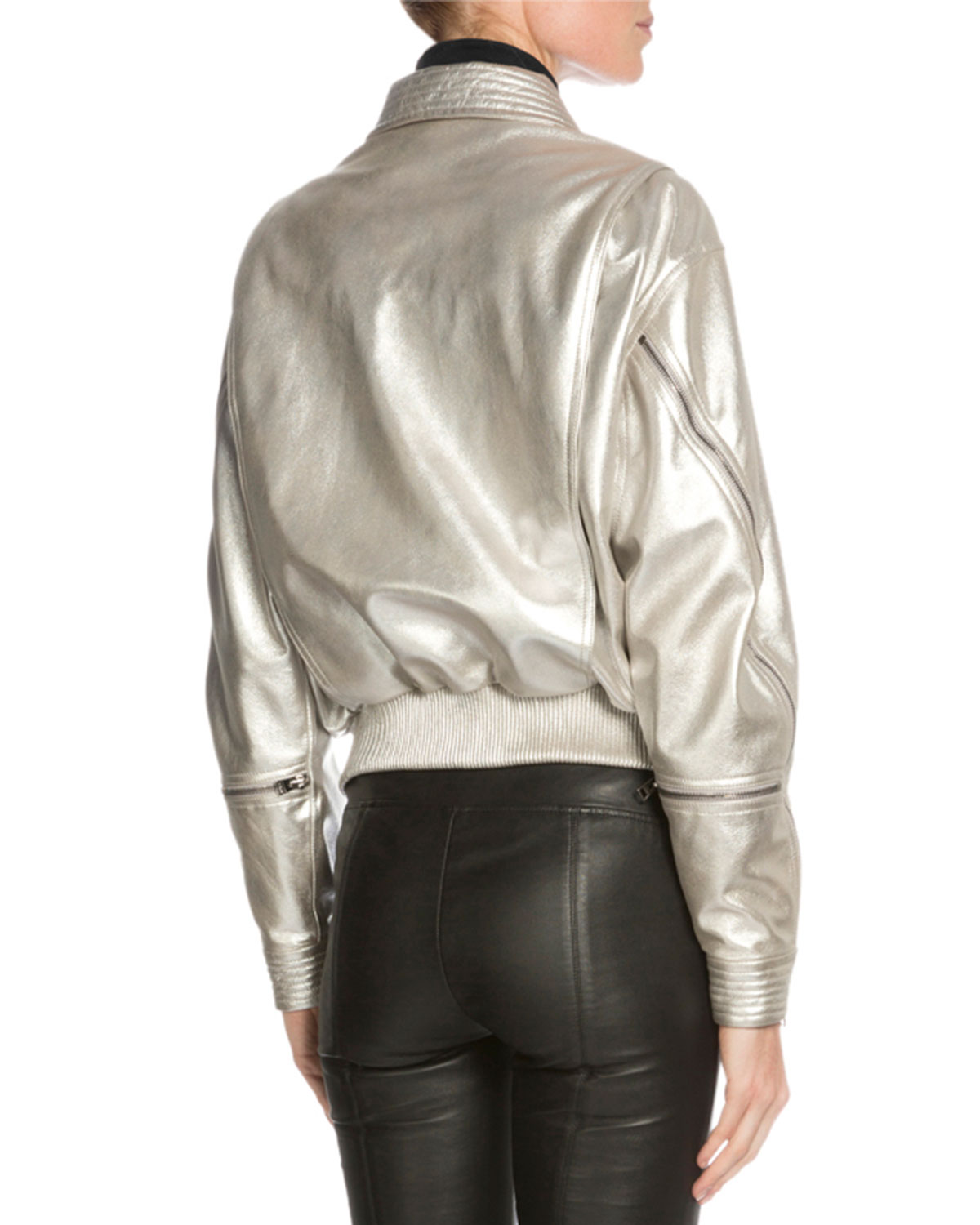 Zip-Front Metallic Jacket, Light Gray