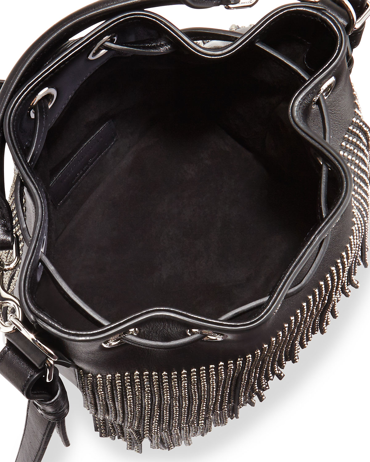 Small Stud Fringe Bucket Shoulder Bag, Black