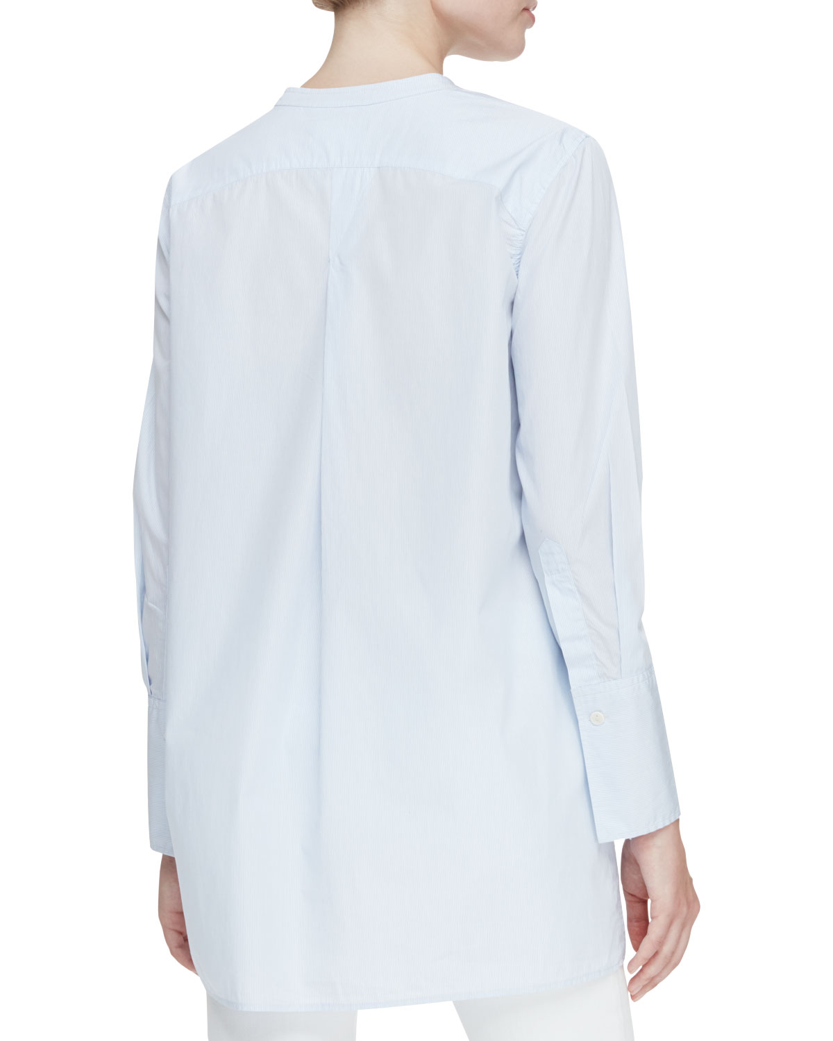 Pinstripe Long-Sleeve Henley Tunic Blouse, Blue