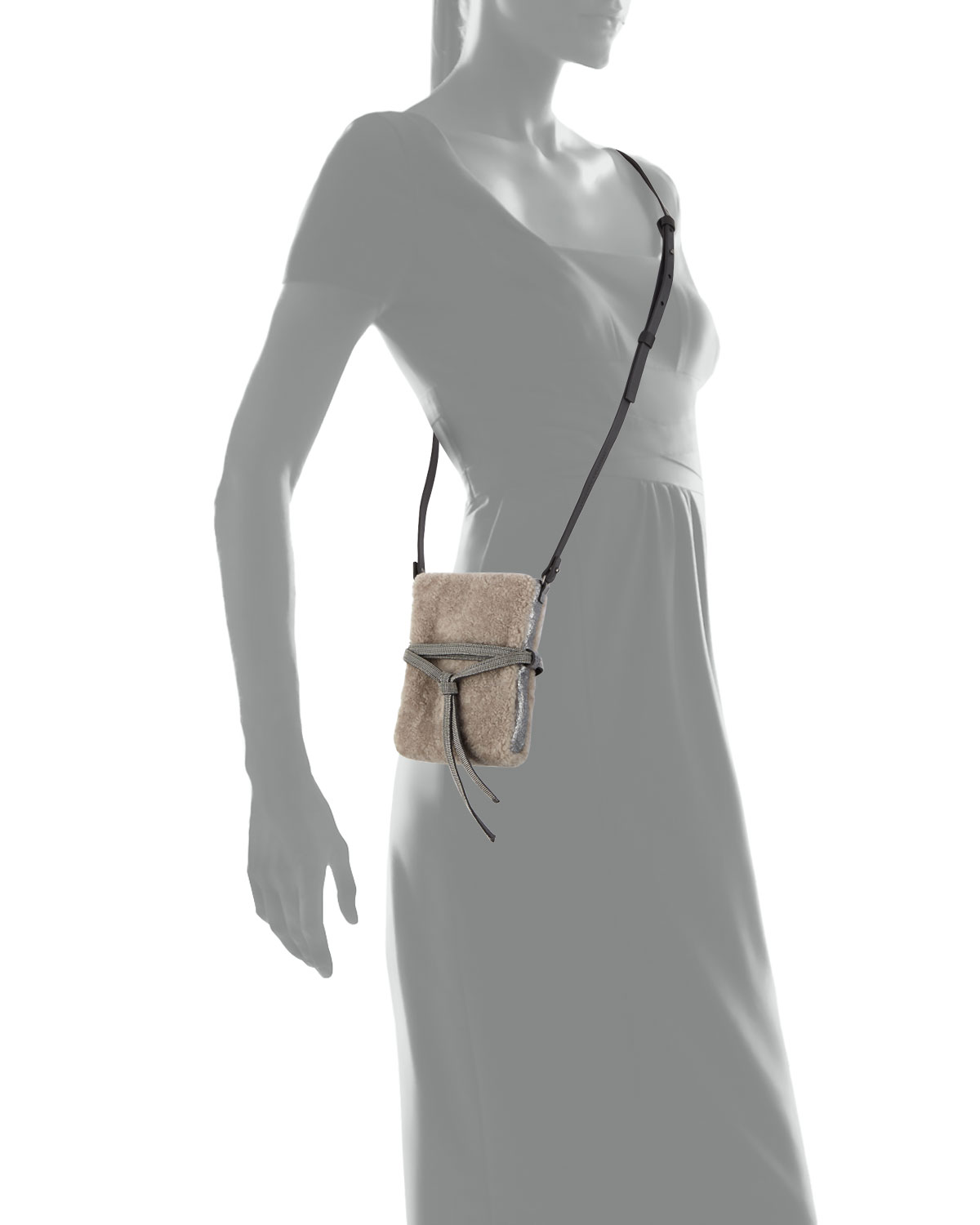 Monili-Trim Shearling Crossbody Bag, Tan