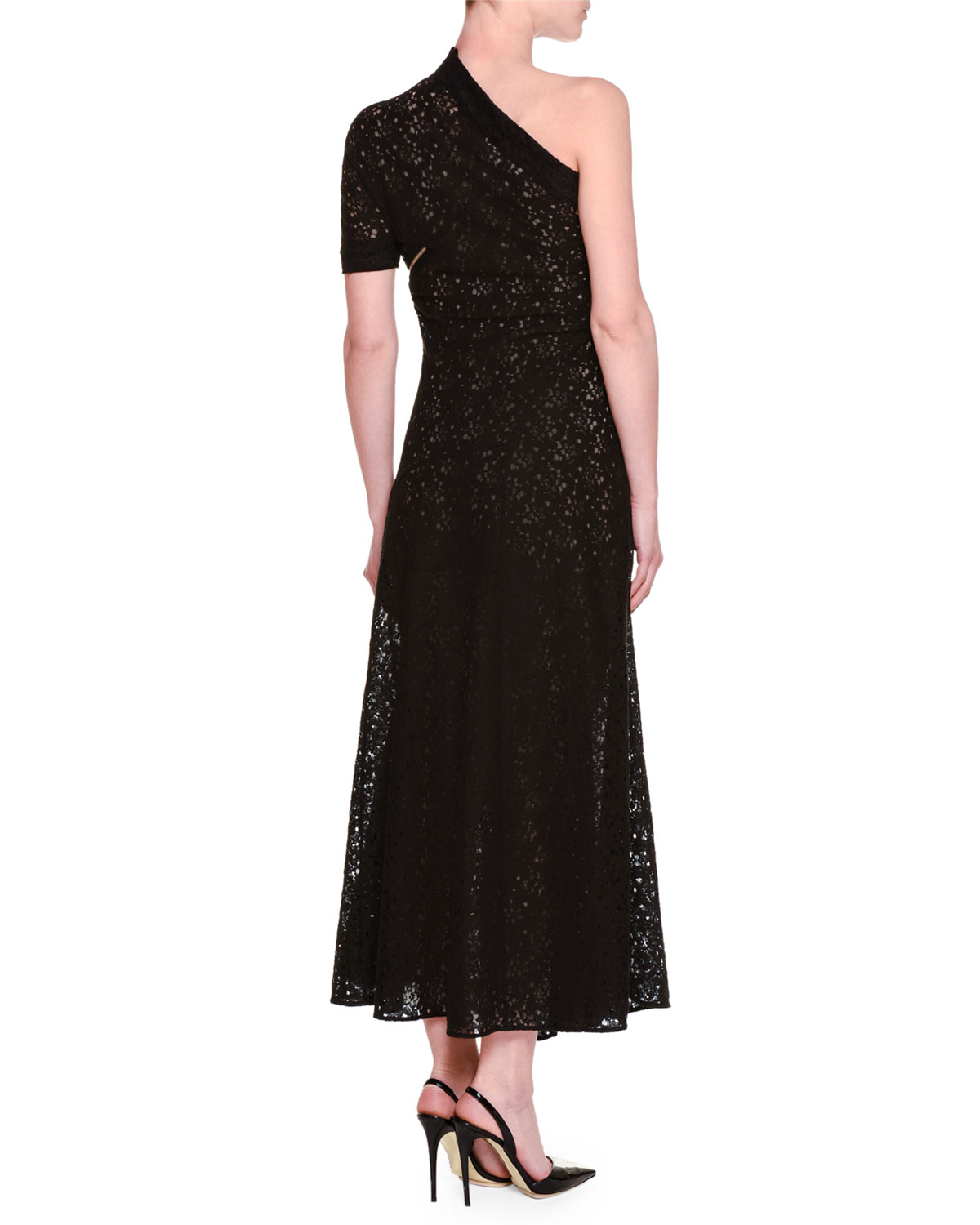 One-Shoulder Floral-Lace Lined Gown, Black