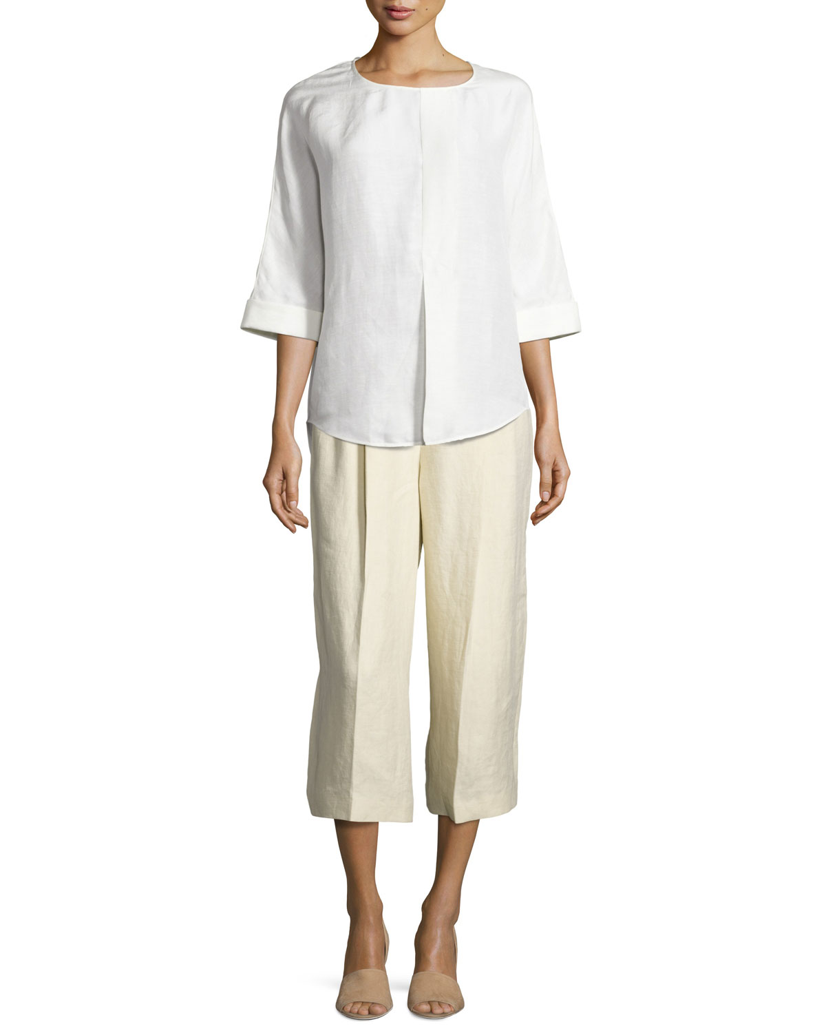 Tai Linen Twill Wide-Leg Cropped Pants, Sand