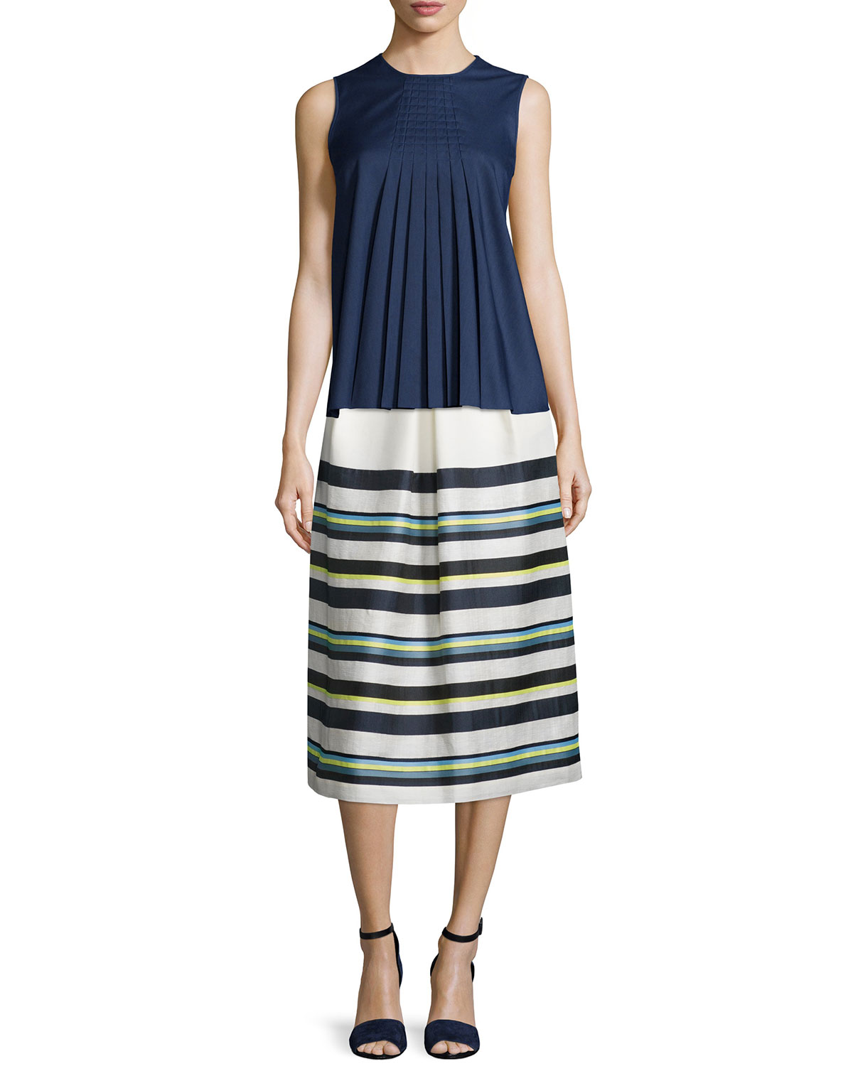 Pleated-Front Striped Skirt, Cream/Multi