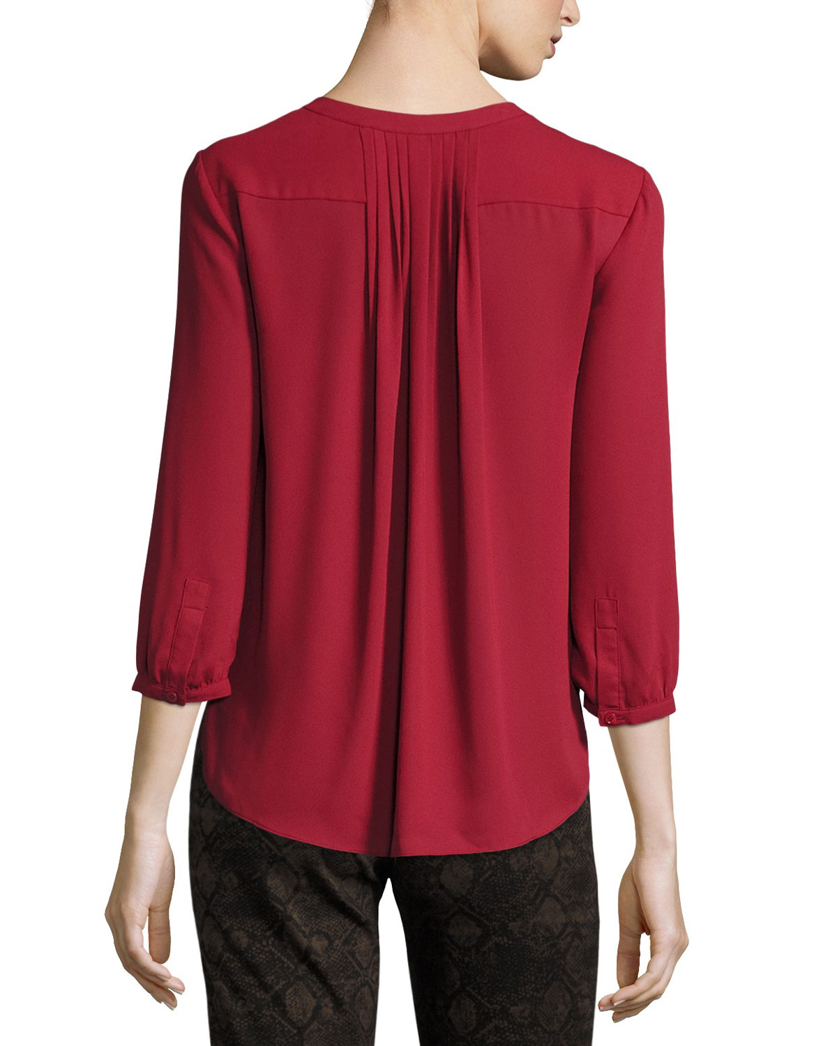 3/4-Sleeve Pleated-Back Blouse, Crimson Red