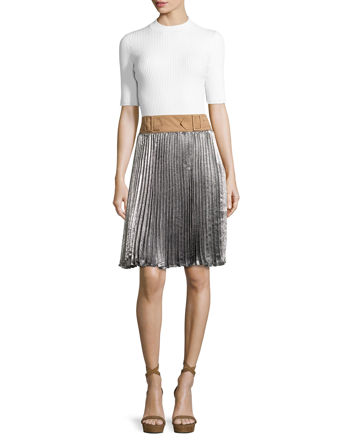 Sunburst Pleated Skirt w/ Contrast Waist, Platinum