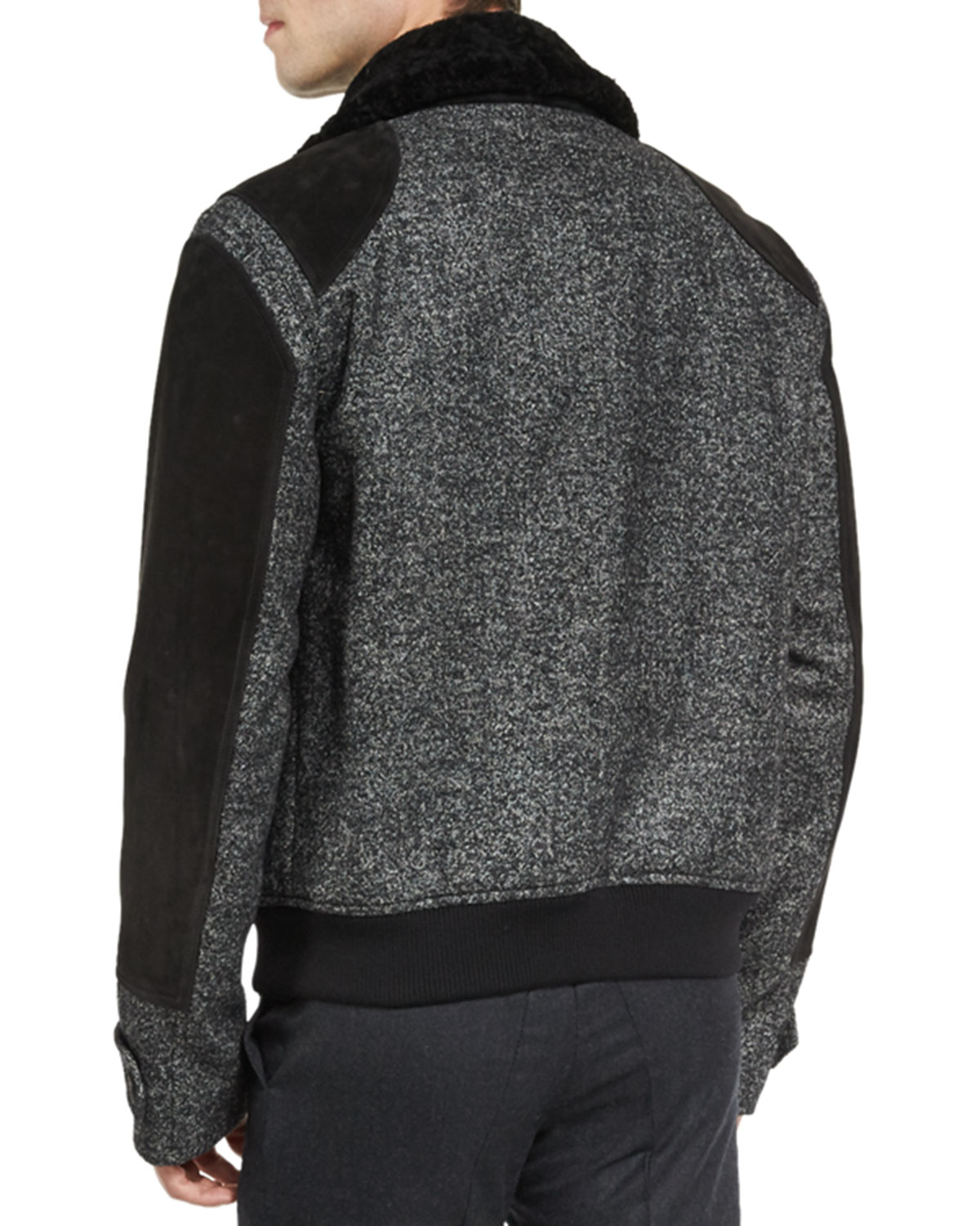 tweed & leather bomber jacket w/shearling trim