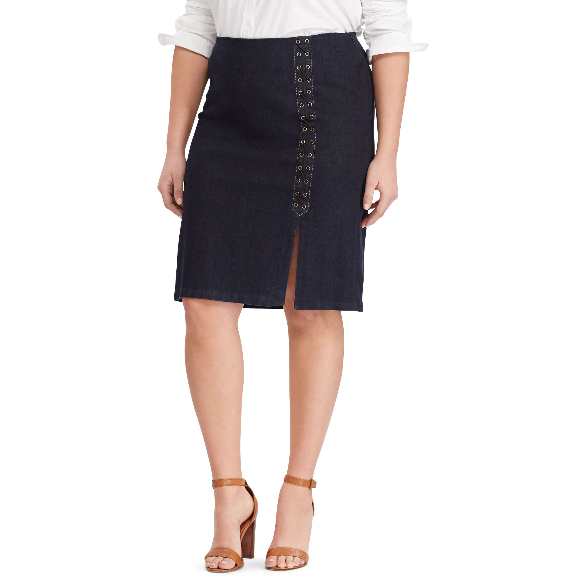 Lace-Up Denim Pencil Skirt