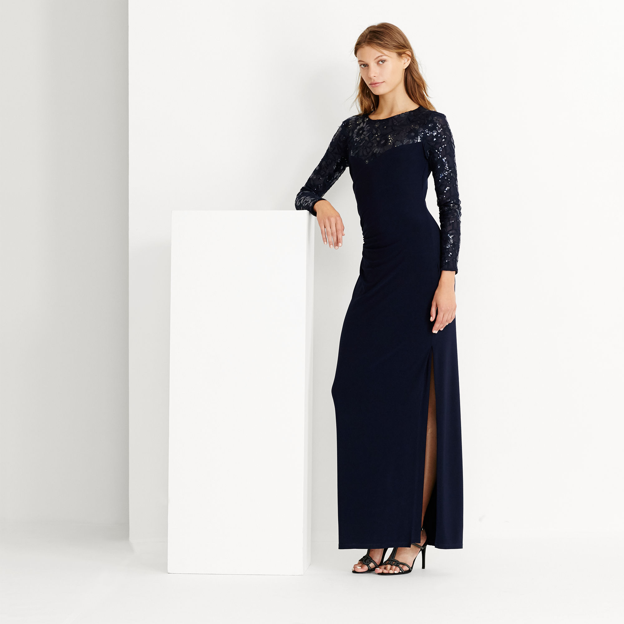 Sequined-Yoke Jersey Gown