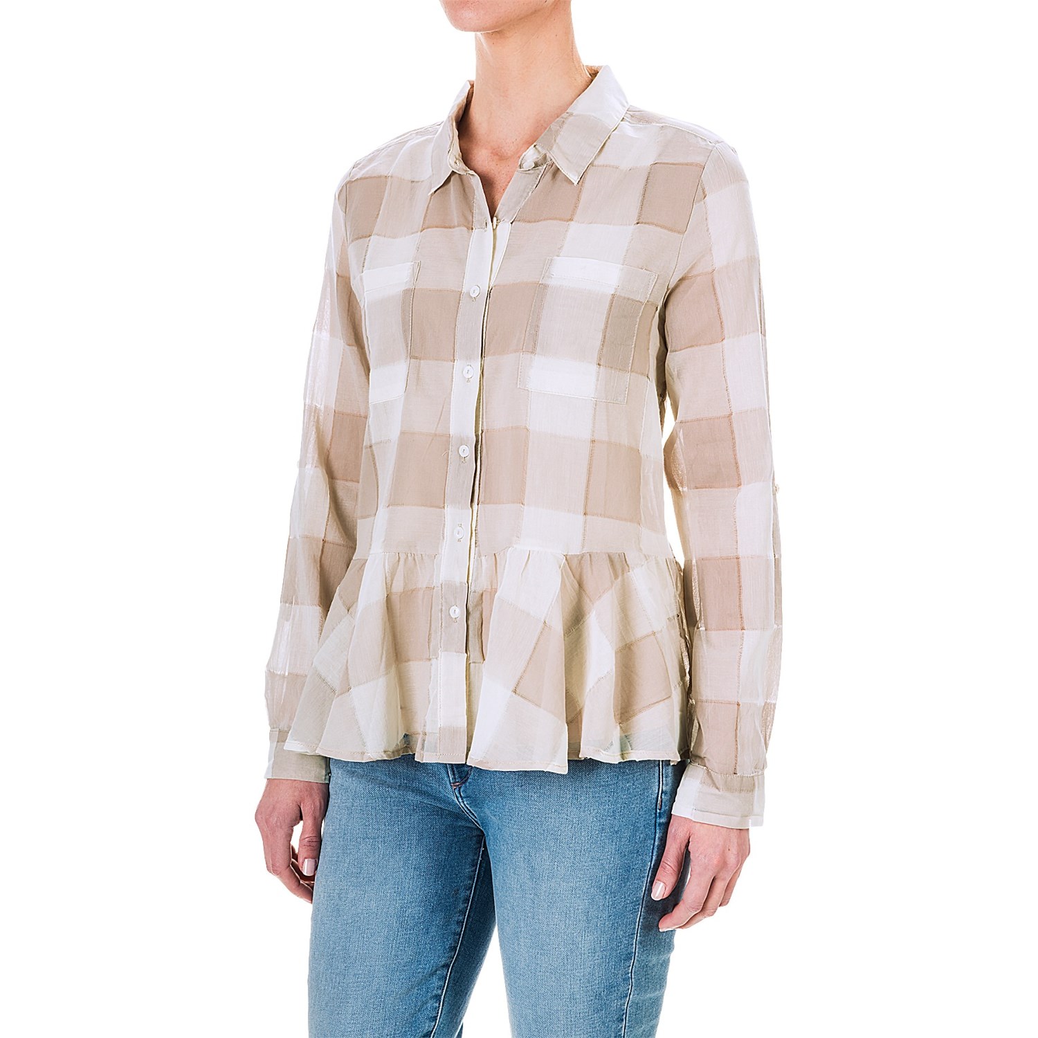 dylan Sheer Buffalo Plaid Peplum Blouse - Long Sleeve (For Women)