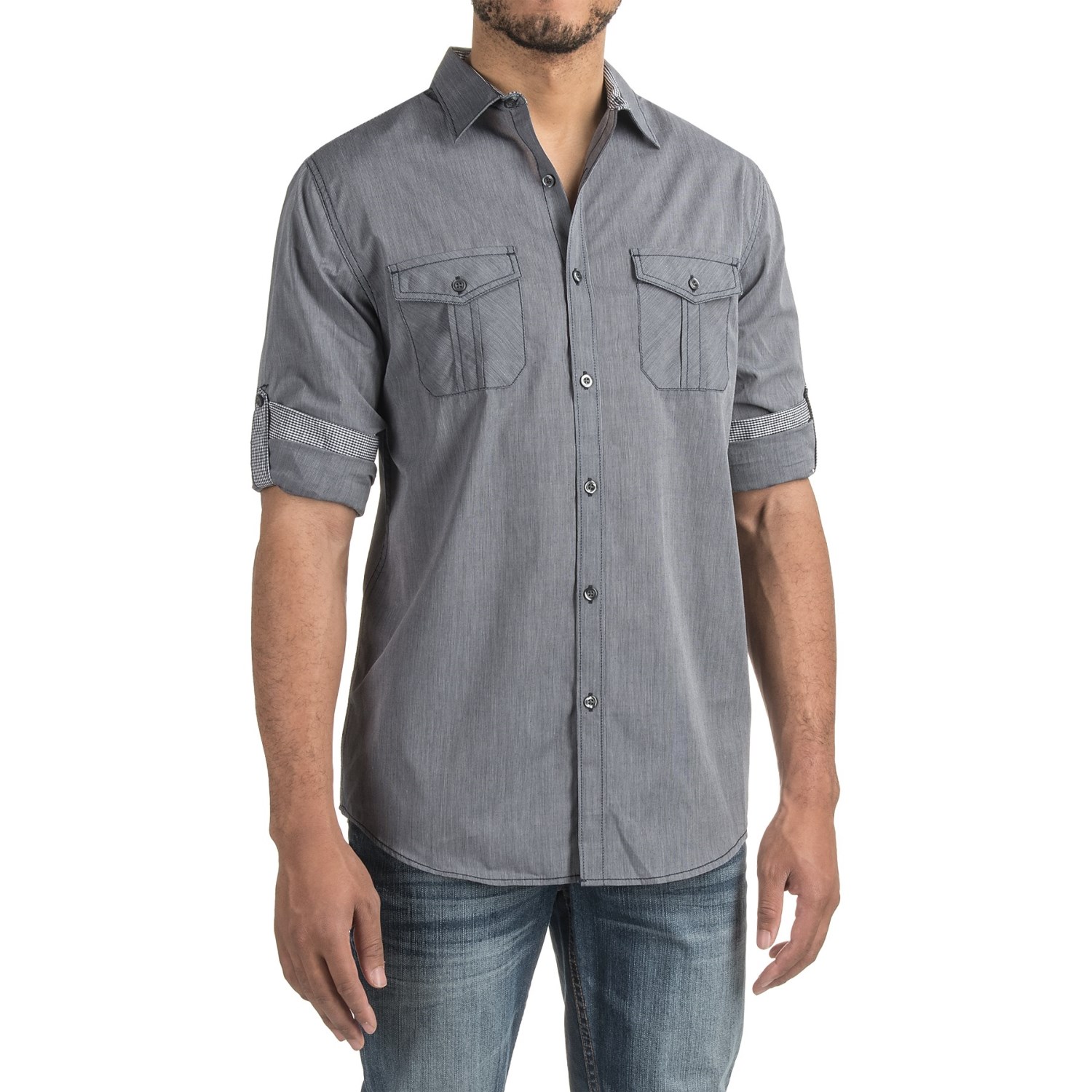 Collared Two-Pocket Shirt - Roll-Up Long Sleeve (For Men)