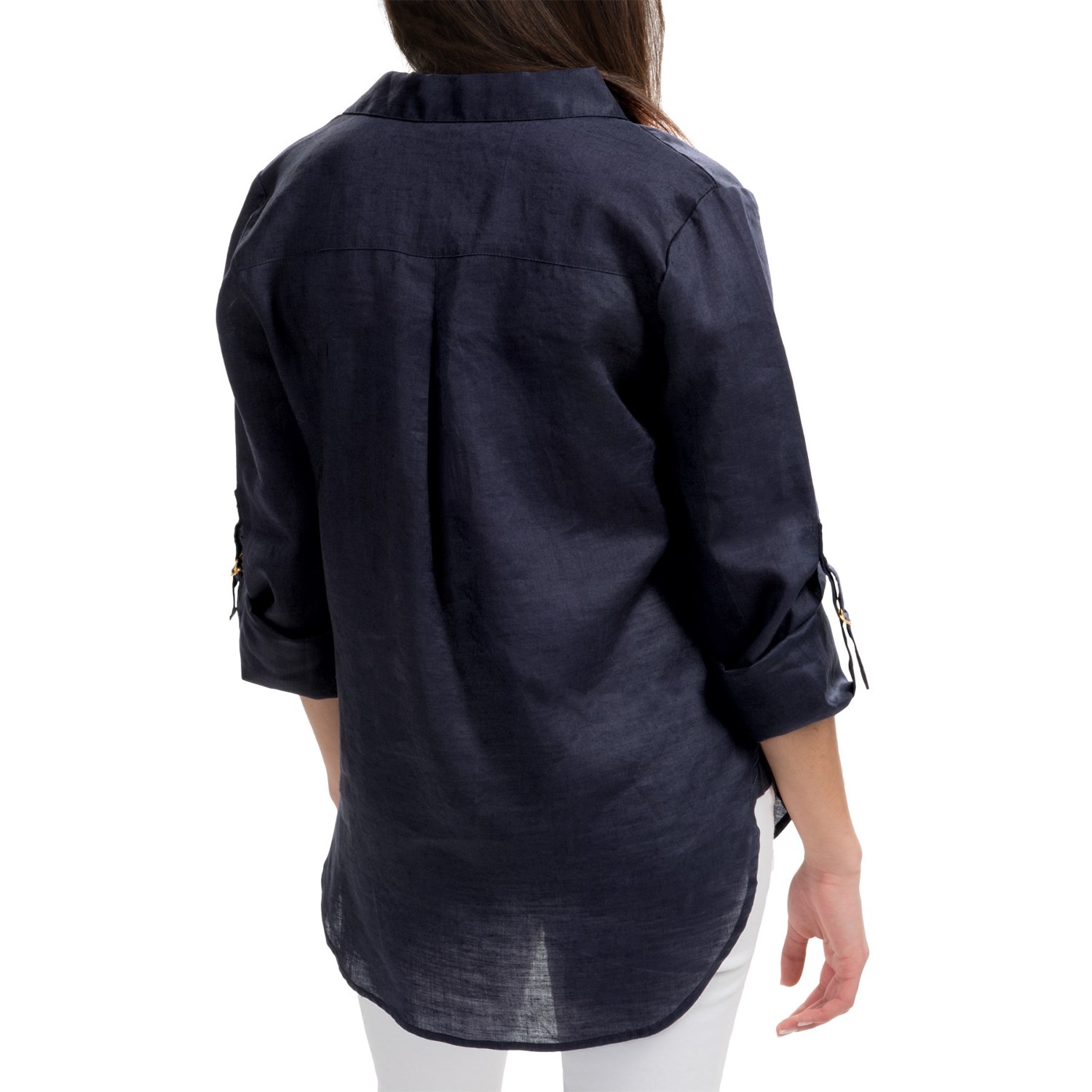 August Silk Collared Linen Shirt - V-Neck, Long Sleeve (For Women)