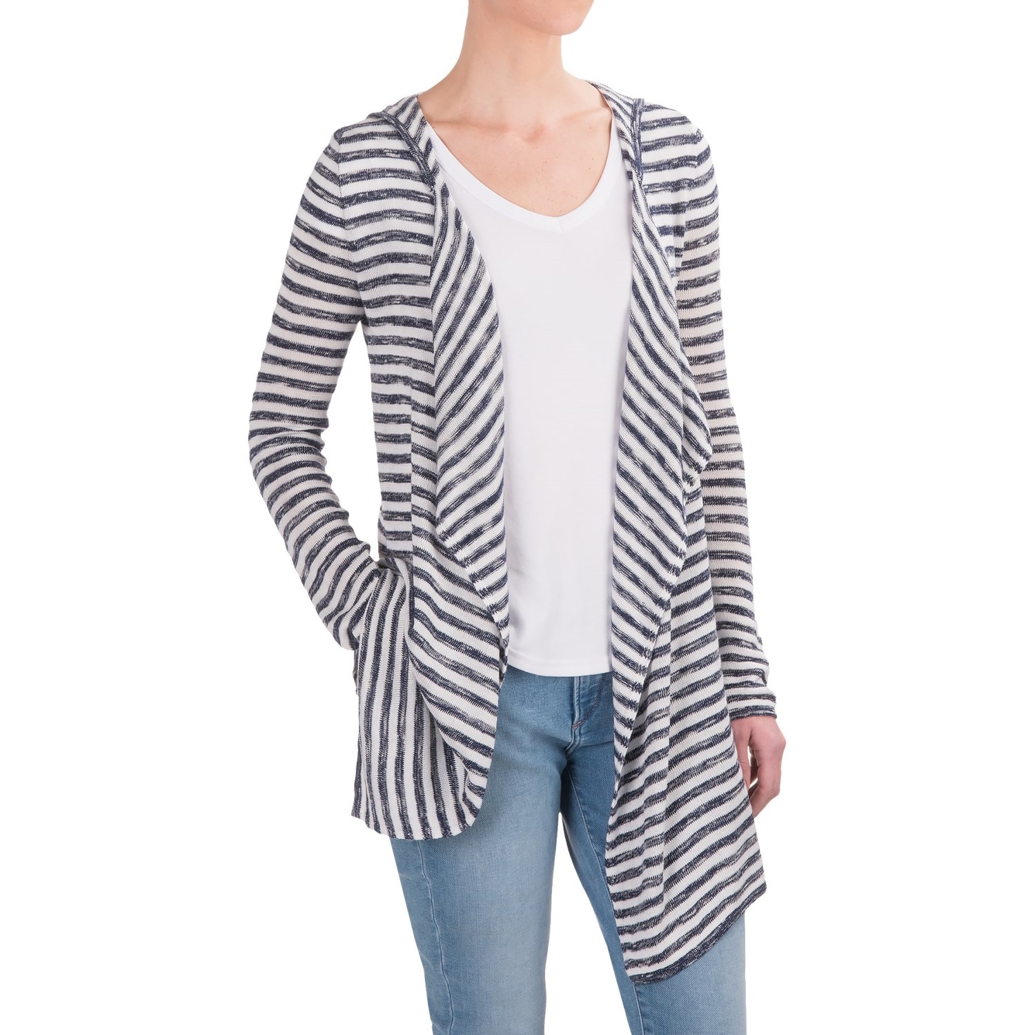 Workshop Republic Clothing Striped Hooded Cardigan Sweater - Open Front (For Women)