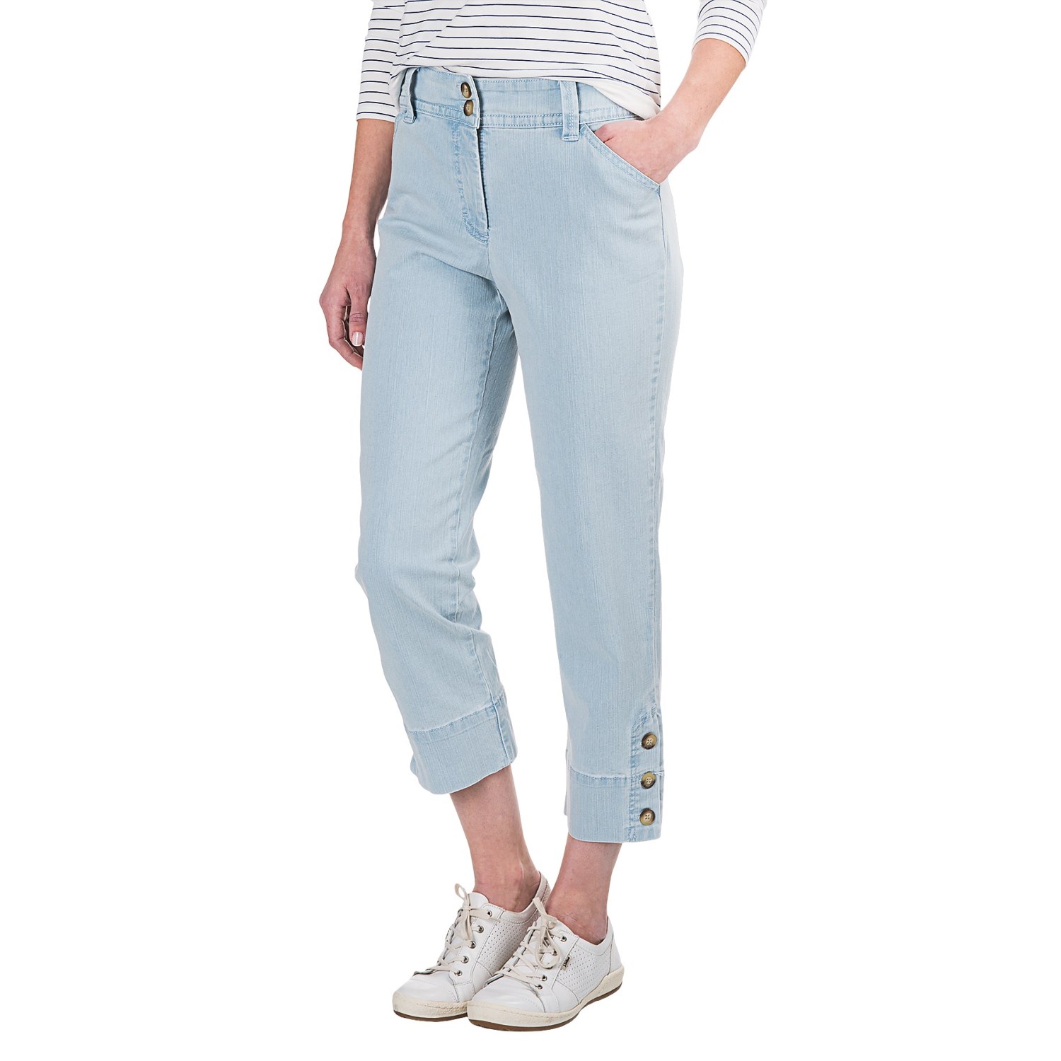 Button-Trimmed Denim Capris (For Women)