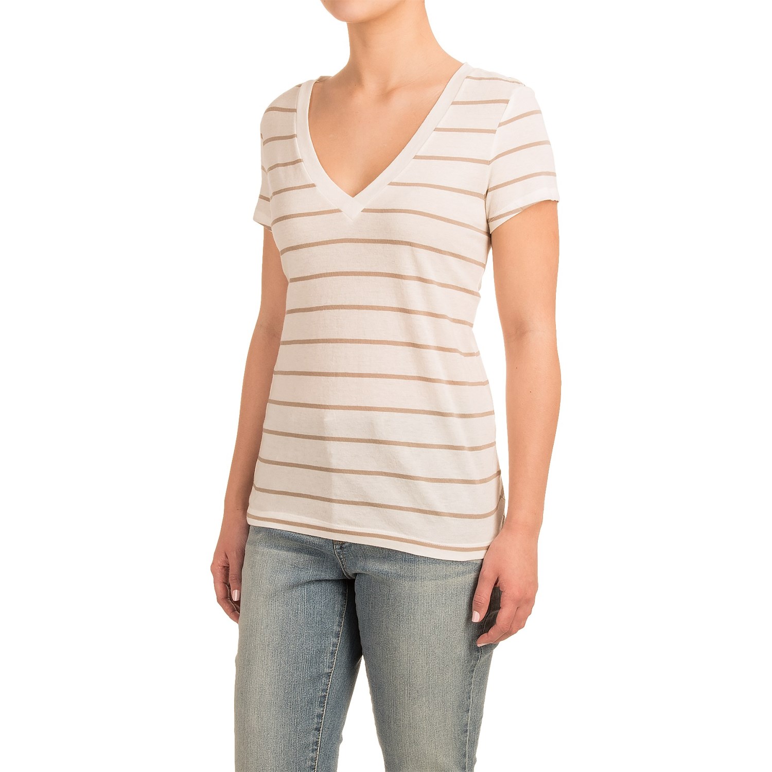 Striped V-Neck Shirt - Cotton-Modal, Short Sleeve (For Women)