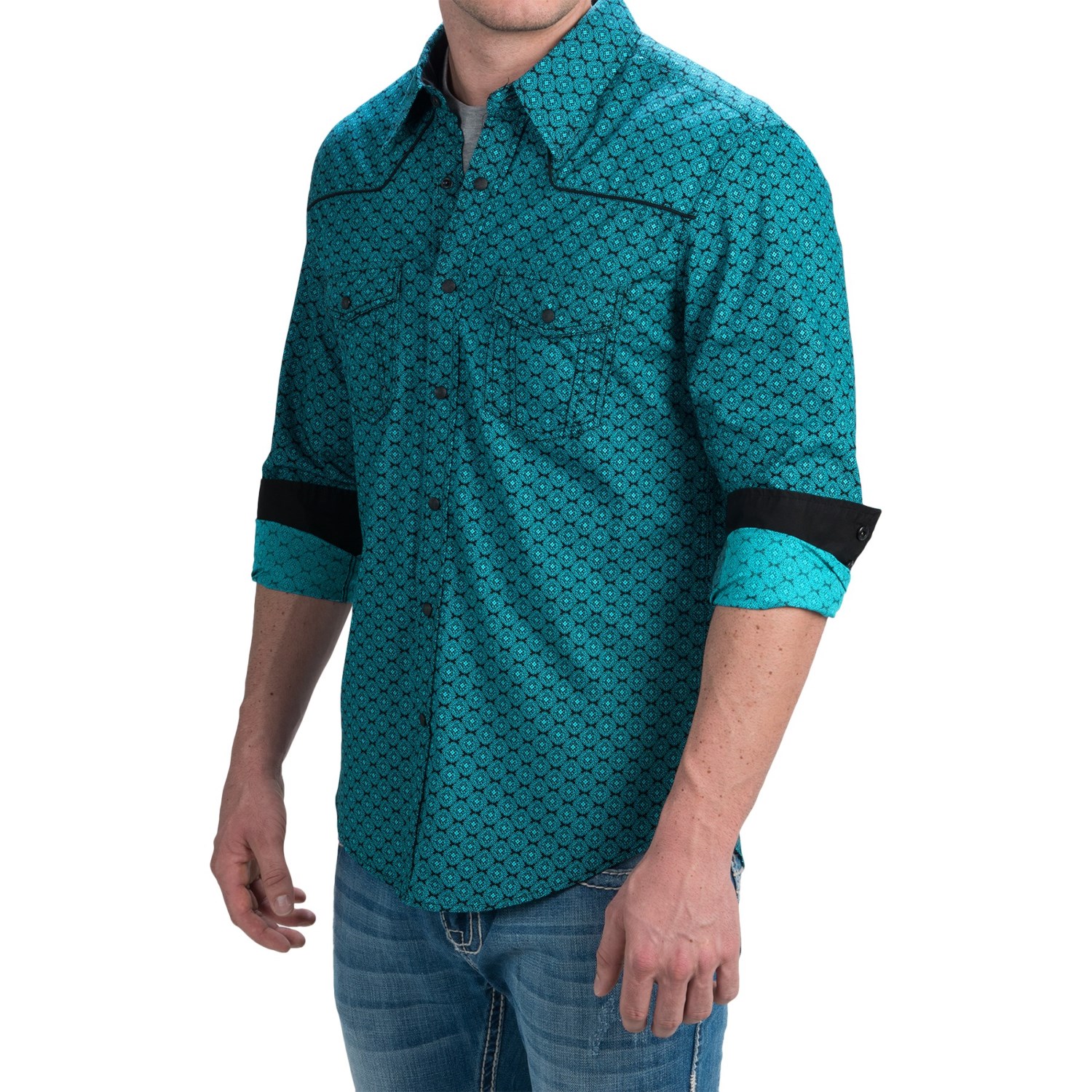 Rock & Roll Cowboy Poplin Print Shirt with Piping - Snap Front, Long Sleeve (For Men)