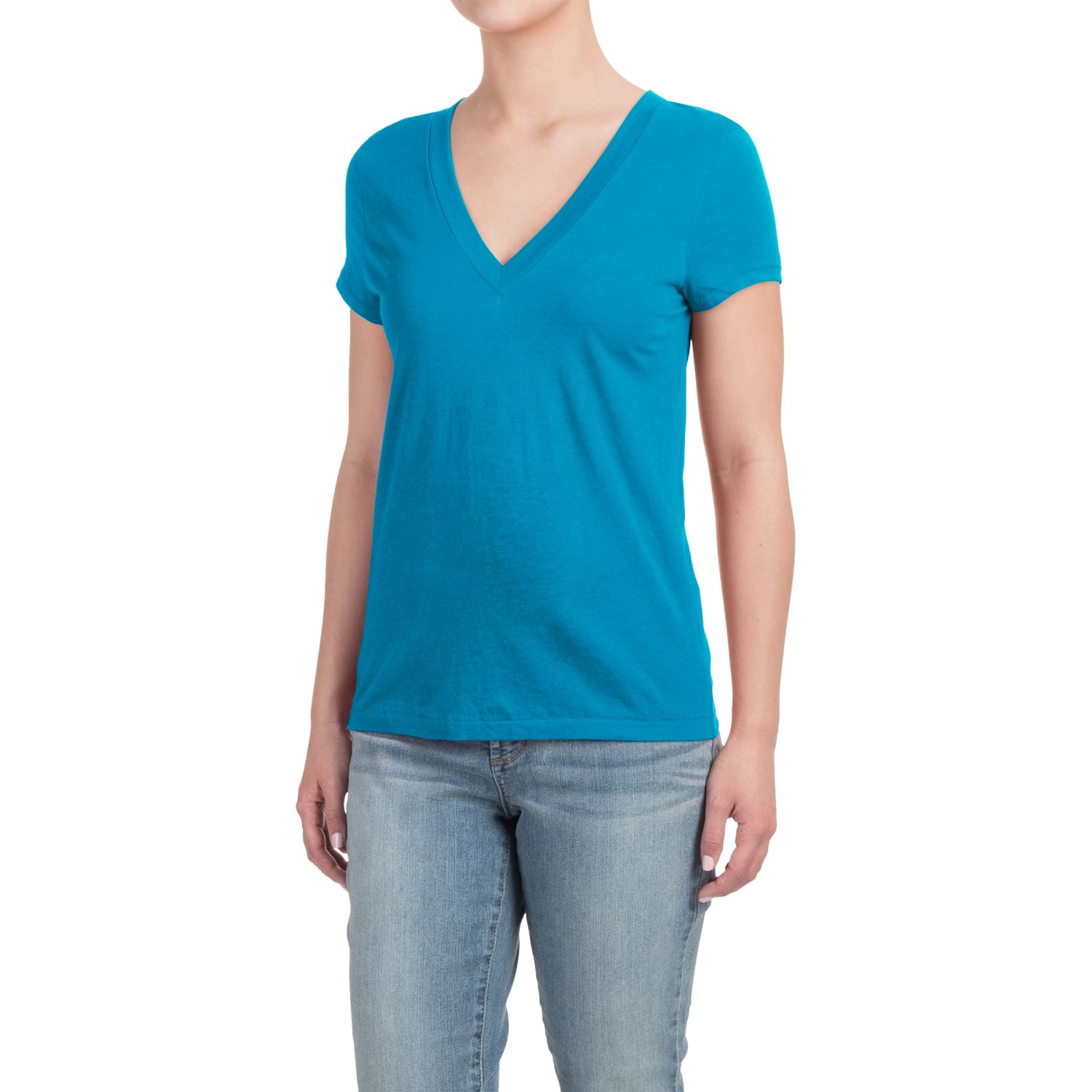 Deep V-Neck T-Shirt - Cotton-Modal, Short Sleeve (For Women)