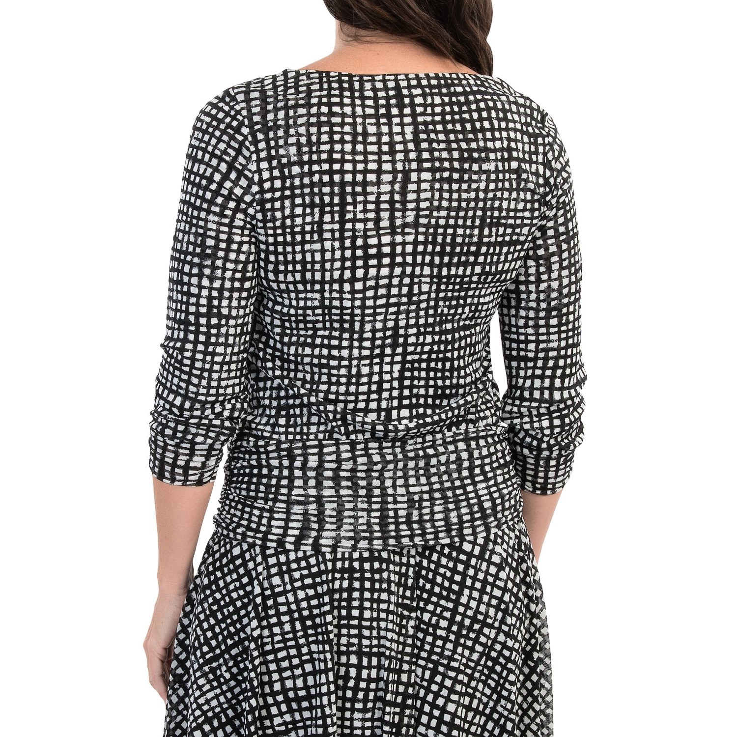 Checkered Mesh Nylon Shirt - Shirred Details, Long Sleeve (For Women)