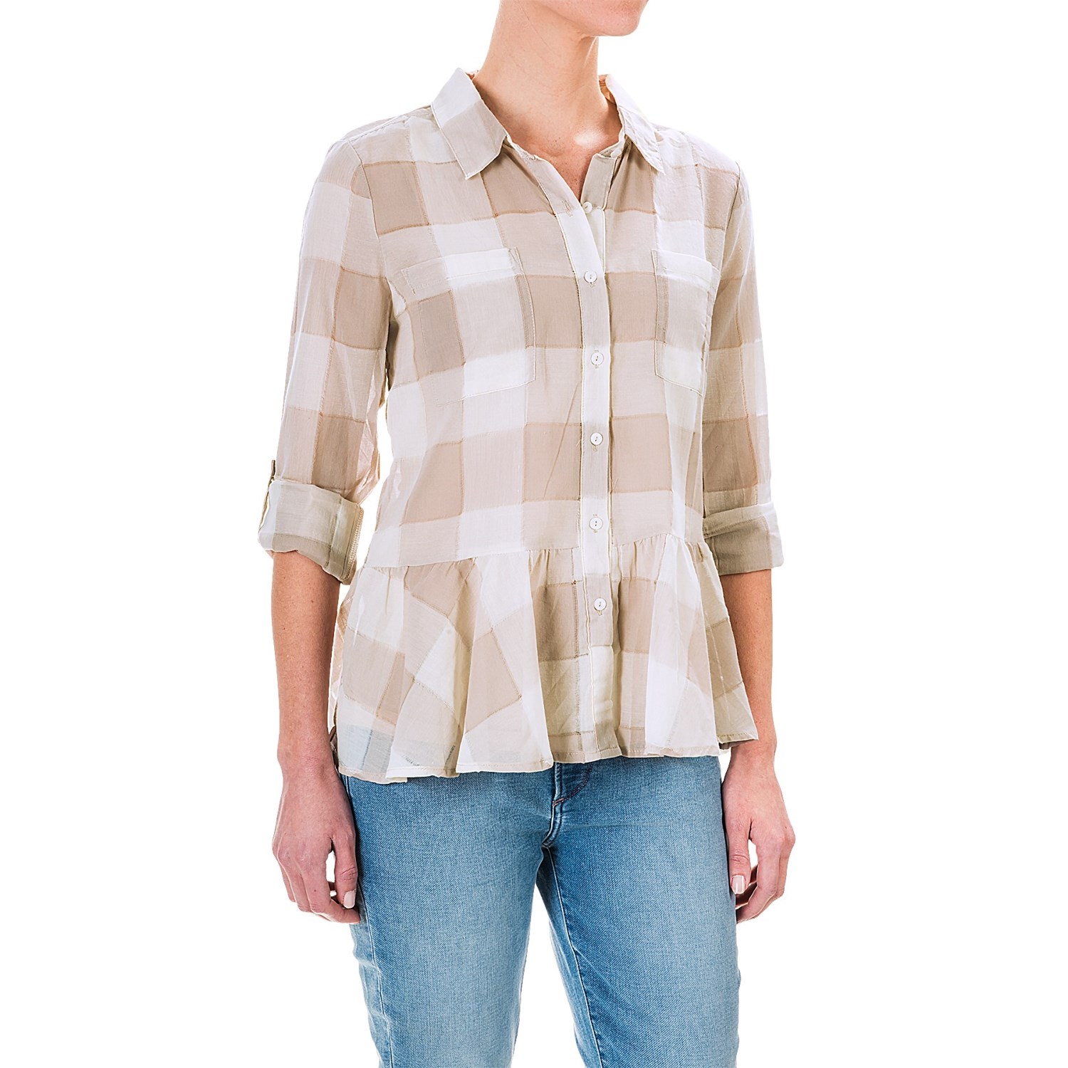 dylan Sheer Buffalo Plaid Peplum Blouse - Long Sleeve (For Women)