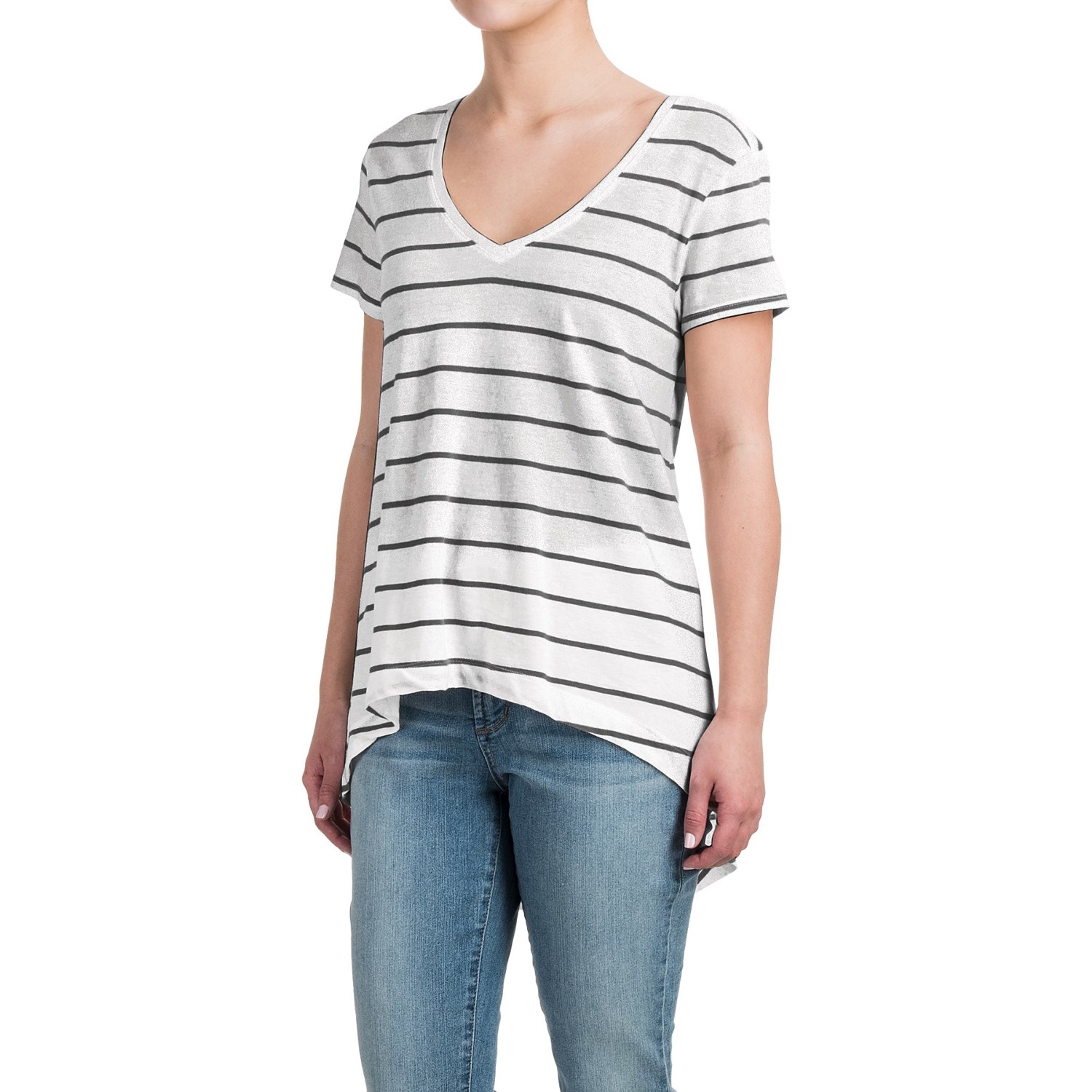 High-Low Striped Shirt - Cotton-Modal, Short Sleeve (For Women)