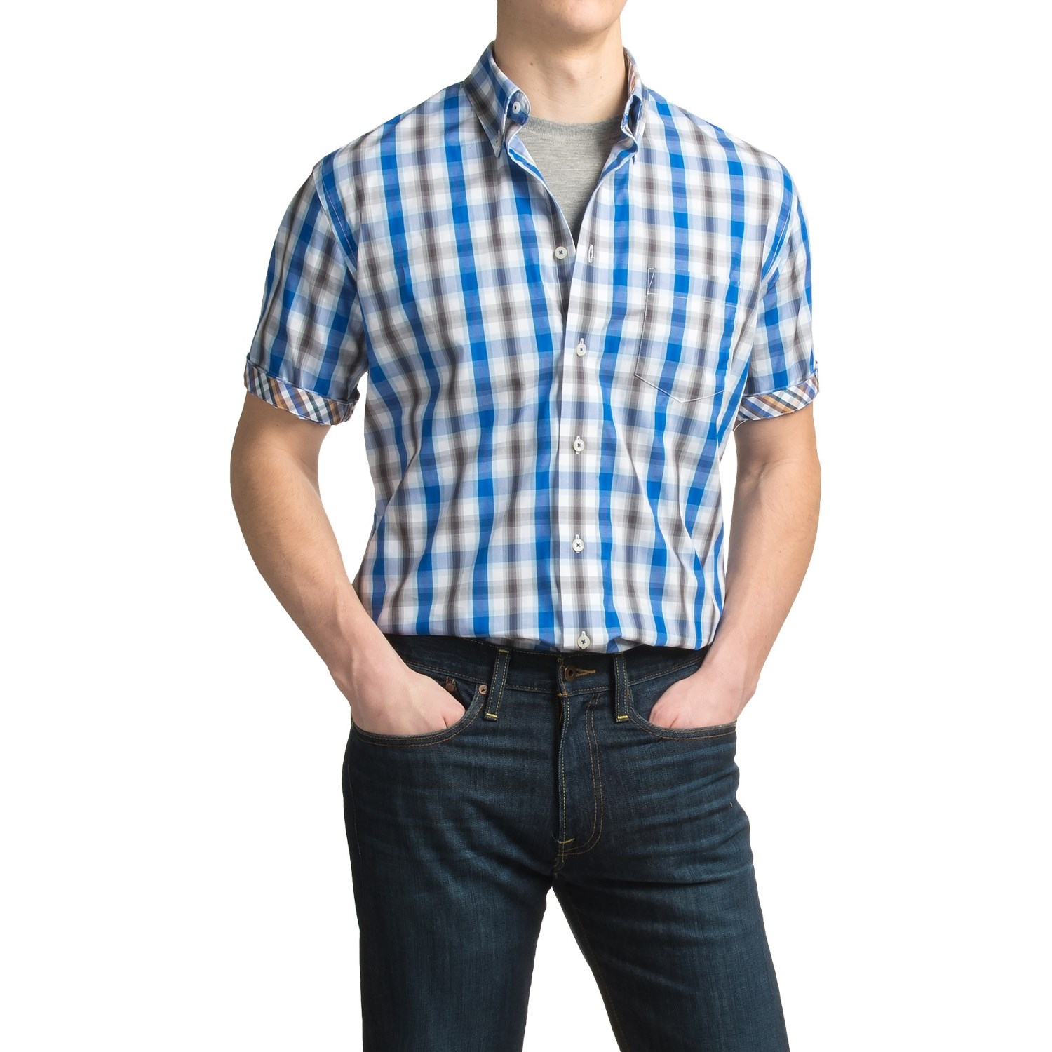 Viyella No-Iron Thick Plaid Sport Shirt - Cotton, Short Sleeve