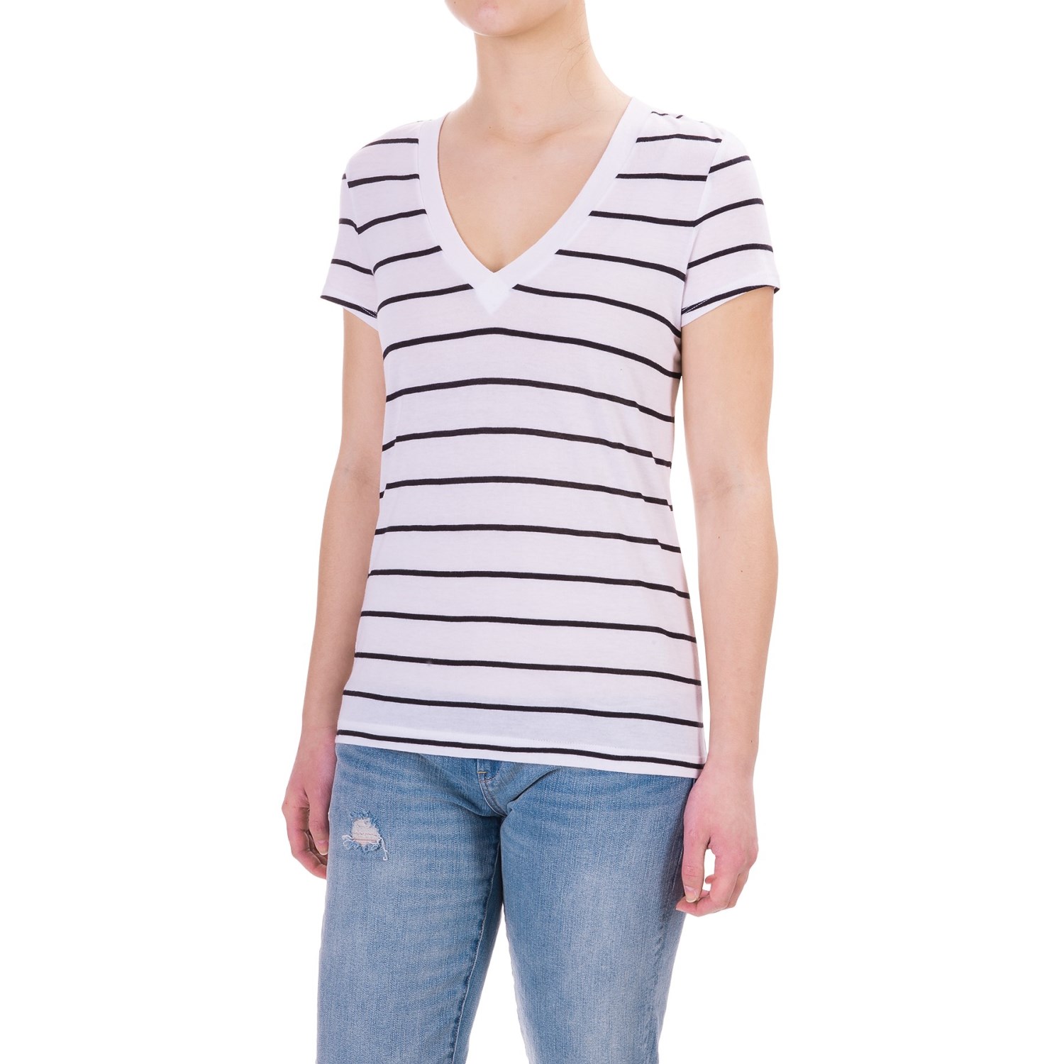 Striped V-Neck Shirt - Cotton-Modal, Short Sleeve (For Women)