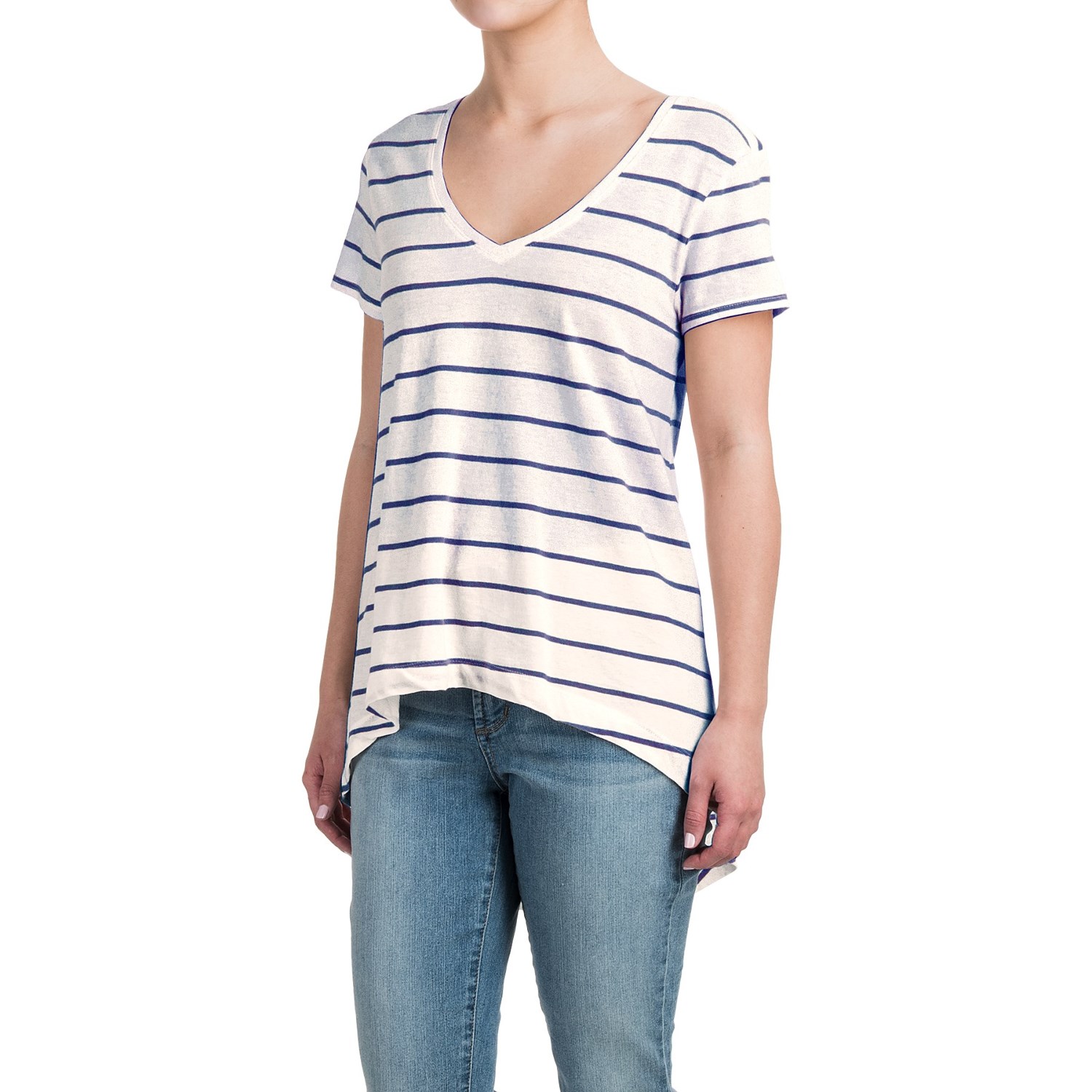 High-Low Striped Shirt - Cotton-Modal, Short Sleeve (For Women)