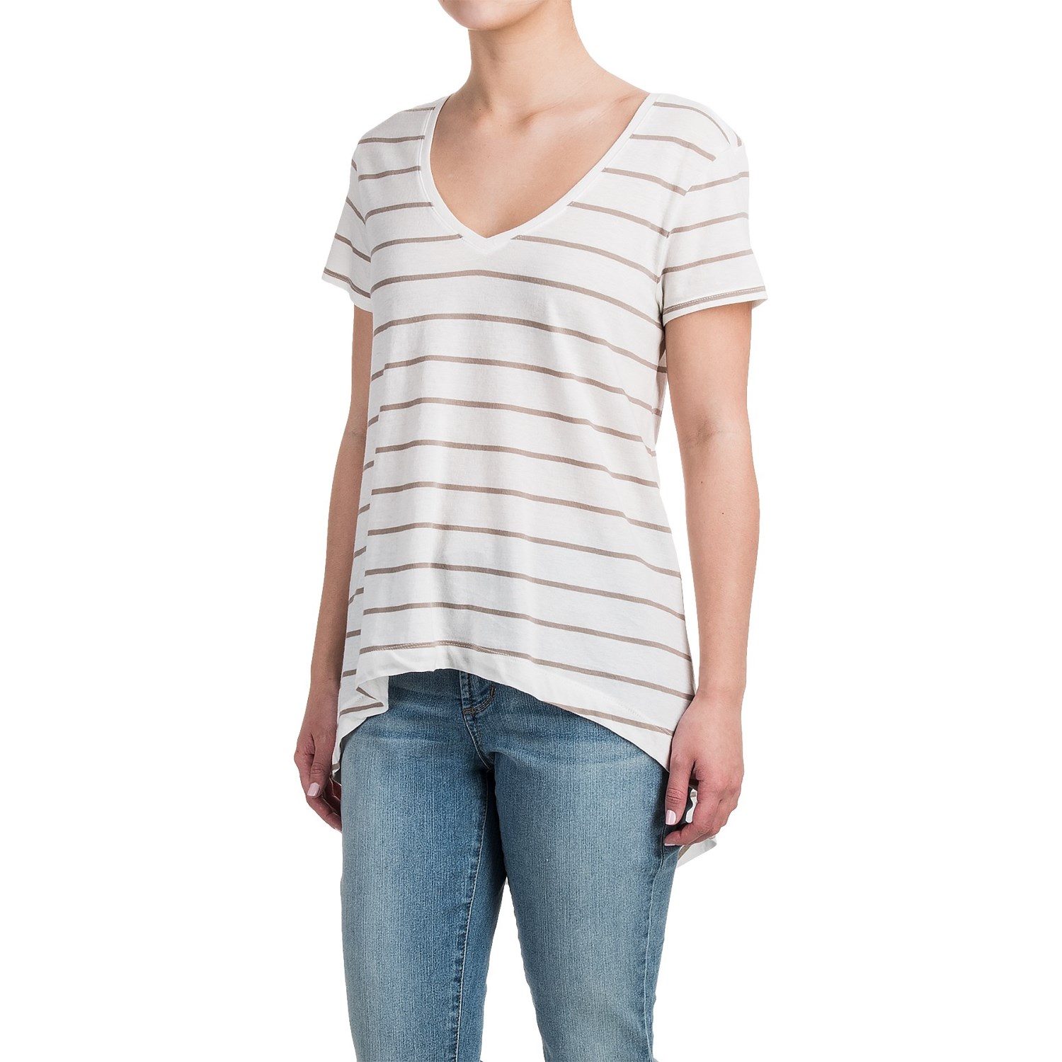 High-Low Striped Shirt - Cotton-Modal, Short Sleeve (For Women)