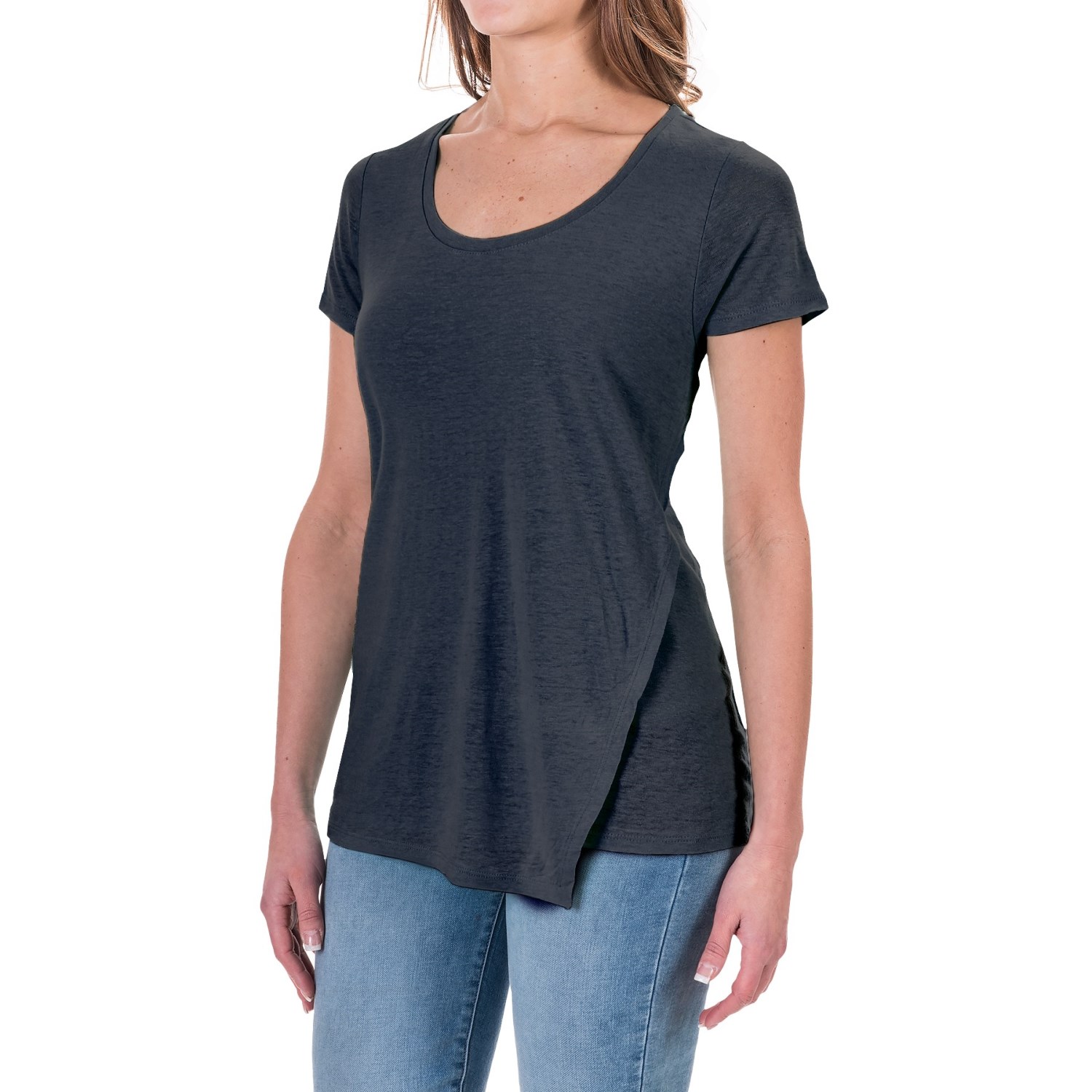 Linen-Rayon Asymmetrical Shirt - Short Sleeve(For Women)