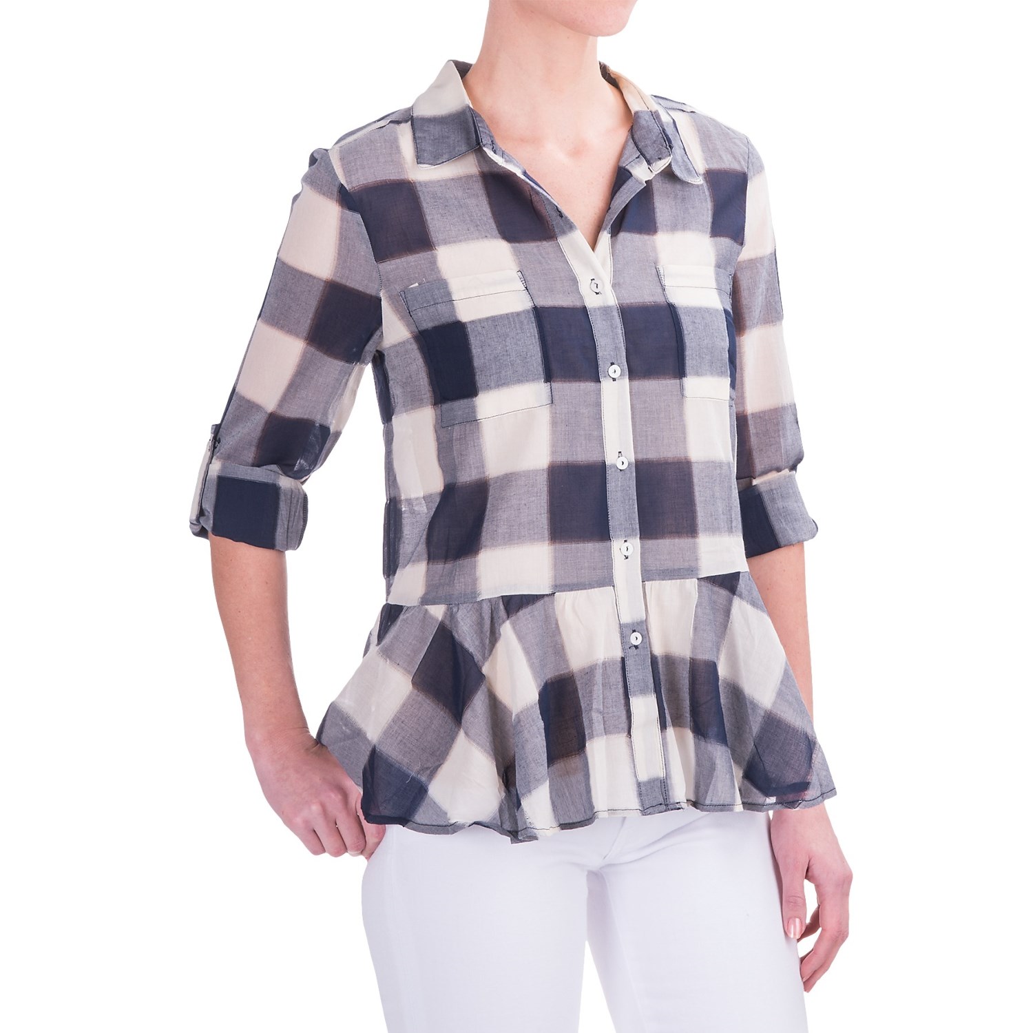 dylan Sheer Buffalo Plaid Peplum Blouse - Long Sleeve (For Women)