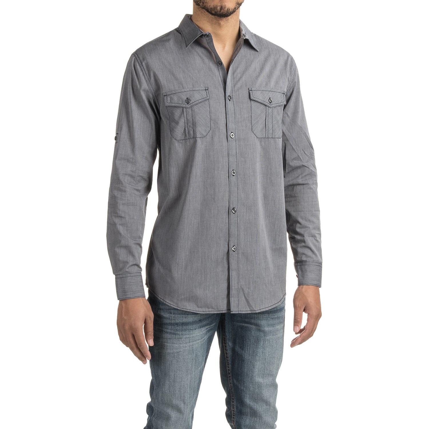 Collared Two-Pocket Shirt - Roll-Up Long Sleeve (For Men)